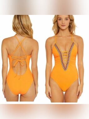 BECCA Fiesta Clare Plunge One-Piece Strap Orange Burgundy Swimsuit size Large